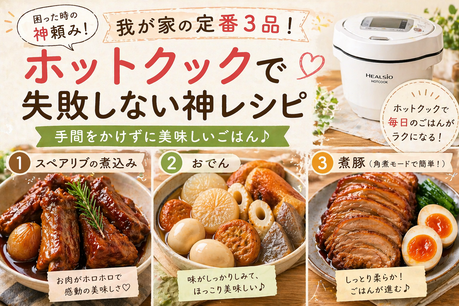 🌿「困ったらこれ！ホットクックで作る定番3品」🥘